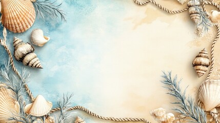 Naklejka premium Coastal Themed Background with Seashells and Rope on a Watercolor Texture for Summer and Beach Designs