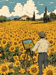 Vincent van Gogh painting sunflowers in an endless field of yellow flowers. A man holding an easel stands next to him. The title is written at the top center in bold white letters. 