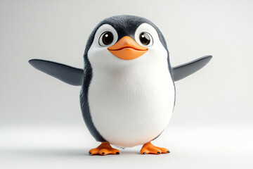 Fototapeta premium A cheerful cartoon penguin waving joyfully, perfect for children's events, winter themes, or greeting cards. Ideal for playful designs and festive decor.