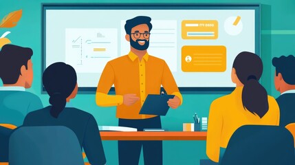 Obraz premium Business Presentation in Modern Office Setting with Diverse Team Engaged in Discussion and Analysis of Data on Interactive Screen