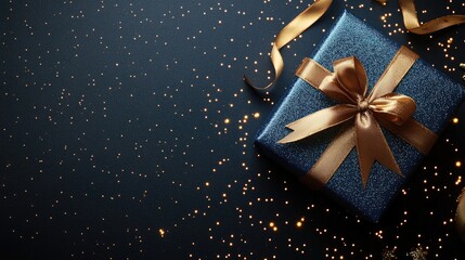 Elegant Blue Gift Box with Gold Ribbon on Sparkling Dark Background for Festive Celebrations and Special Occasions