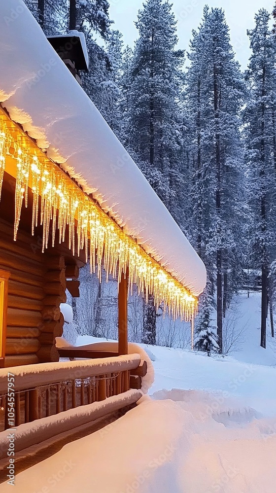 Wall mural a warm glow emanates from the cabin's windows as snowflakes gently fall, illuminating the enchanting