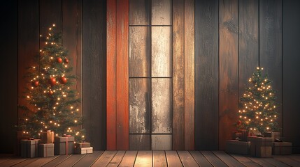 Two decorated Christmas trees with string lights and red ornaments on either side of rustic wooden wall. Christmas and winter celebration concept.