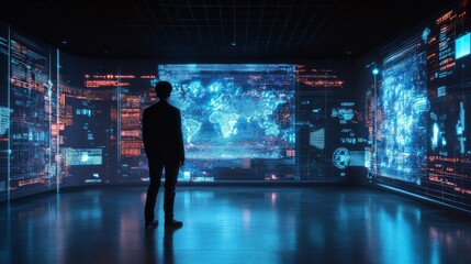 Business professional examining digital data projections in a futuristic control room