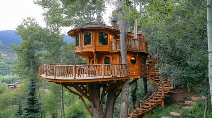 Obraz premium A luxurious treehouse with multiple levels and a large deck overlooking a lush forest.