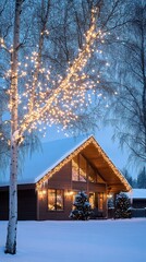 The charming house is adorned with twinkling lights, creating a warm and inviting atmosphere amid a snow-covered yard on a serene winter evening