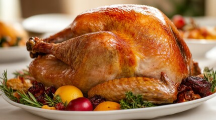 Delicious Roasted Turkey with Garnish on Festive Table