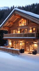 Fototapeta premium The charming house is adorned with twinkling lights, creating a warm and inviting atmosphere amid a snow-covered yard on a serene winter evening