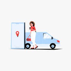 Female courier beside a van with a smartphone displaying a location pin in flat vector illustration symbolizing delivery service, transportation, and logistics, isolated on white background