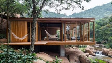 Modern wooden cabin with large windows overlooking a river in a tropical forest setting.
