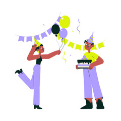 Birthday celebration with balloons, cake, and festive decorations symbolizing party, fun, and joy, flat vector illustration isolated on white background