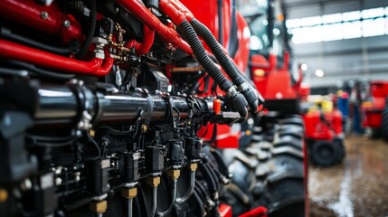 Fototapeta premium Close-up of Red Hydraulic System on Agricultural Tractor in Workshop