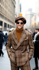 Obraz premium A young man stands confidently on a busy New York City street, wearing a brown suit, sunglasses, and a hat, as autumn leaves add color to the bustling scene around him
