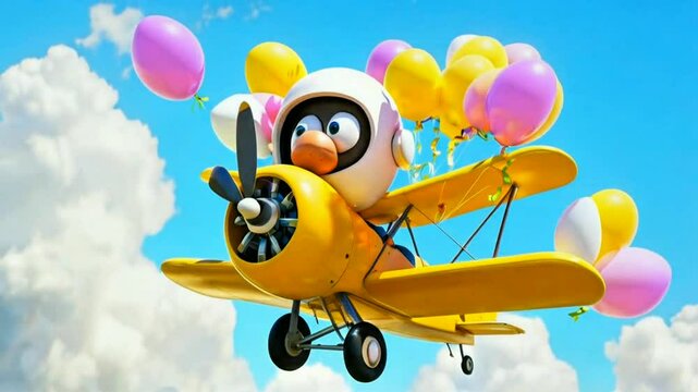 The cartoon character at the head is made of eggs. Wearing a helmet Drive the Yellow plane to scatter balloons. 3D Render.