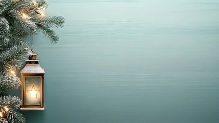 A beautifully designed lantern featuring a star ornament is suspended next to a decorated pine tree, creating a warm and festive atmosphere suitable for the holiday season