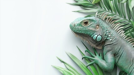 Obraz premium Close-Up of a Green Iguana Surrounded by Tropical Leaves