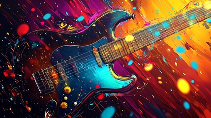 Fototapeta premium A black electric guitar with a blue finish and a wooden fretboard is depicted in a dynamic abstract art style with vibrant colors.