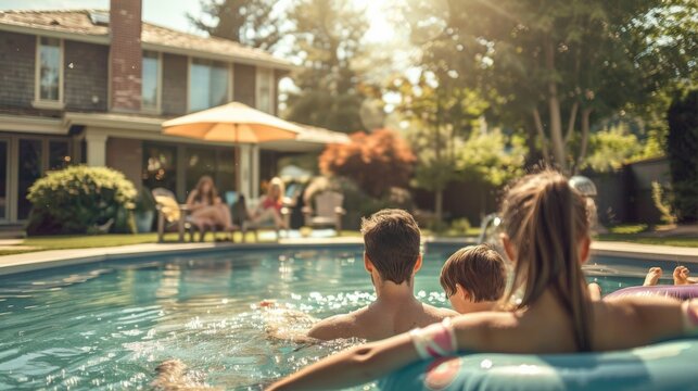 A family enjoying a sunny day at a backyard swimming pool
