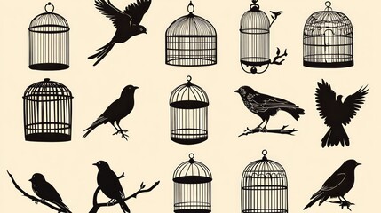 Silhouettes of Birds and Birdcages in Vintage Style