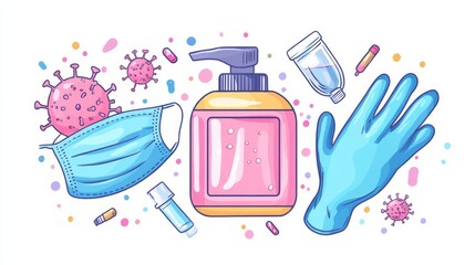 Health and Safety Essentials: Hand Sanitizer, Masks, and Gloves Illustration