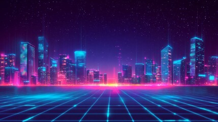 Futuristic Neon Cityscape with Grid and Vibrant Colors