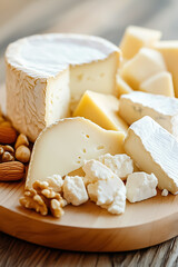 A beautifully arranged gourmet cheese board featuring a variety of cheeses alongside nuts for a perfect snack