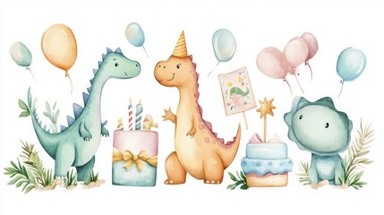 Adorable Dinosaur Birthday Celebration with Balloons and Cakes