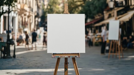 Blank Canvas in City Street: Parisian street scene with a blank canvas on an easel, ready for your artwork or design. Perfect for showcasing your creativity and artistic vision.
