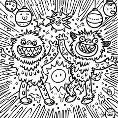 Fototapeta premium Two furry monsters celebrate with a high five in this fun, hand-drawn illustration.