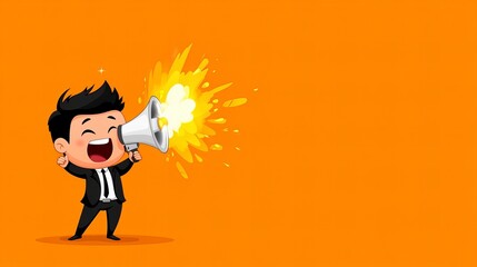 Obraz premium A cartoon businessman shouts into a megaphone, with a bright yellow explosion coming out.