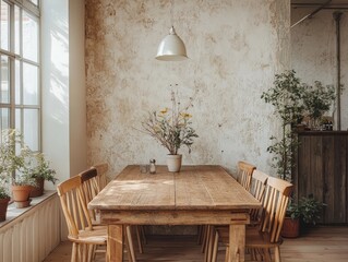Light wood table with dark wood chairs, walls with natural finishes, and potted plants as accents