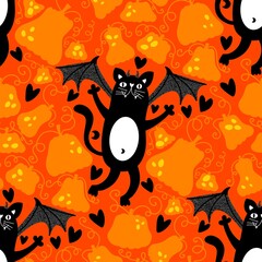 Halloween animals seamless cute cats pattern for wrapping paper