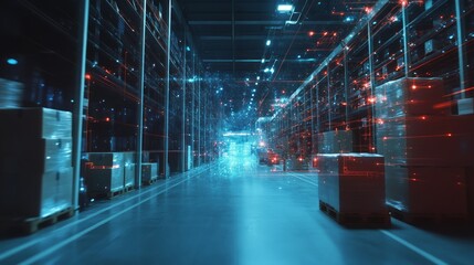 Futuristic Logistics Warehouse with Advanced Technology and Digital Inventory Management