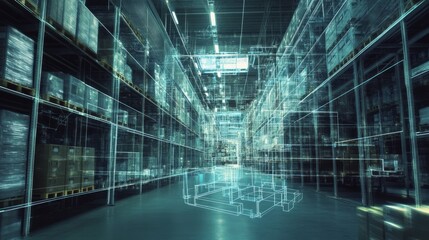 Futuristic Warehouse with Digital Overlay Representation