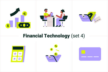 Financial technology illustrations set about financial card, coin in wallet, calculator, credit card wallet, financial agreement, financial growth. Flat vector illustration isolated on white