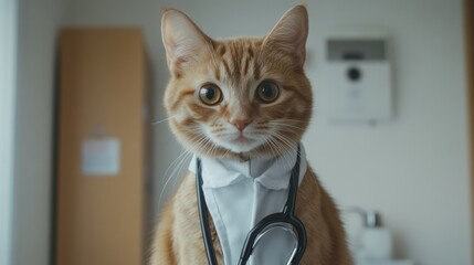 Adorable Cat Dressed as Doctor with Stethoscope in Veterinary Office