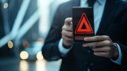 Businessman Holding Smartphone with Warning Signal in Urban Setting