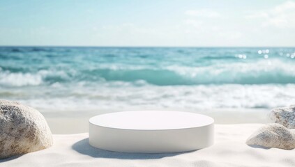 White Platform on Beach with Ocean Background