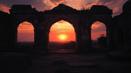 Majestic Sunset Over Ancient Ruins with Arched Structure