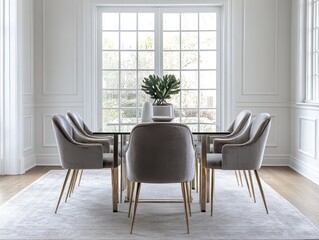 Minimalist chic dining room with white walls, a slim glass table, and gray velvet dining chairs