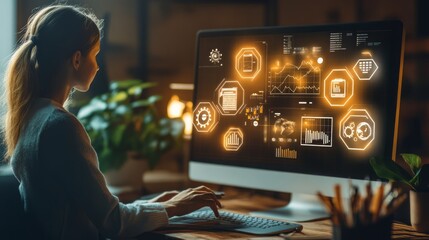 Young Woman Analyzing Data on a Modern Computer Screen with Digital Interface and Visualizations