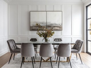 Minimalist chic dining room with white walls, a slim glass table, and gray velvet dining chairs