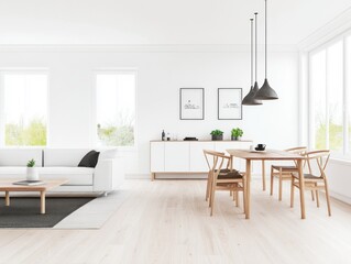 Minimalist combined living and dining room with white walls and a simple wooden dining table