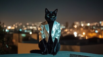 A black cat sits on a rooftop at night wearing a silver jacket with a city skyline in the background.