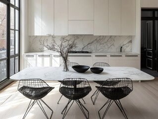 Minimalist contemporary dining room design with a white marble table and black metal chairs