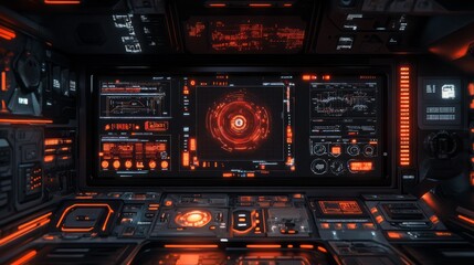 Futuristic Control Room with Sci-Fi Interface and Neon Accents