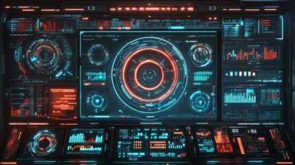 Futuristic Control Panel Interface with Neon Lights and Data Visualizations