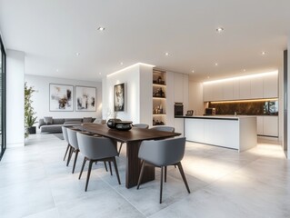 Fototapeta premium Minimalist dining and living room design with white walls, a dark wooden table, and modern gray chairs