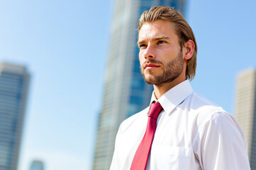 Businessman wearing red tie looking away in city center