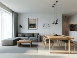 Fototapeta premium Minimalist dining and living room with a small gray sofa and a slim wooden dining table
